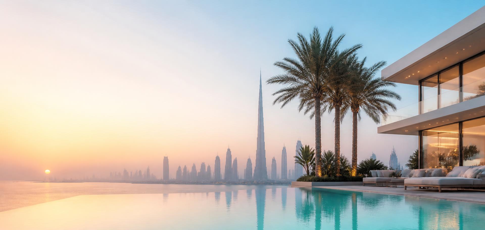Luxury Dubai villa terrace with infinity pool overlooking the Burj Khalifa skyline